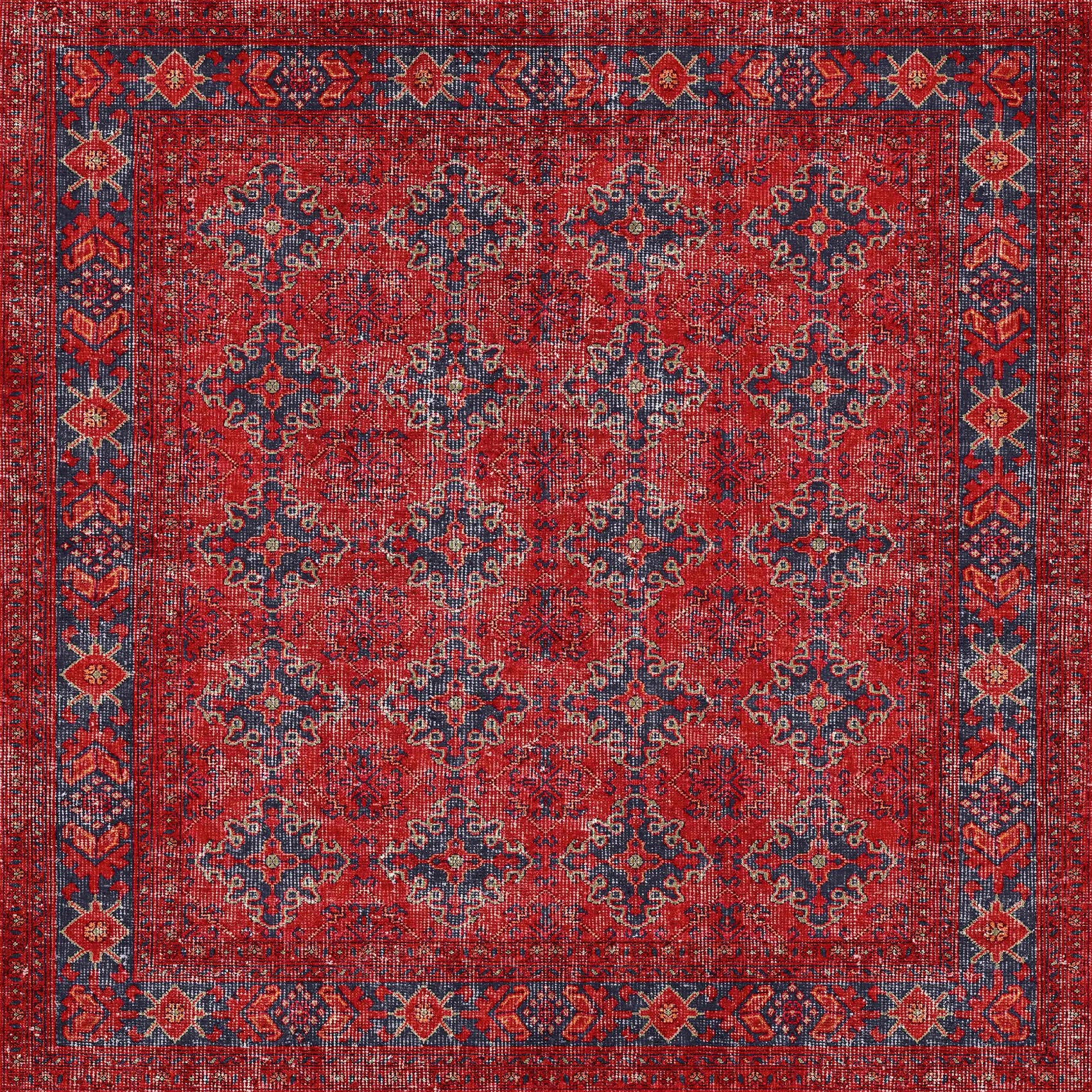 Red and blue patterned rug with intricate designs
