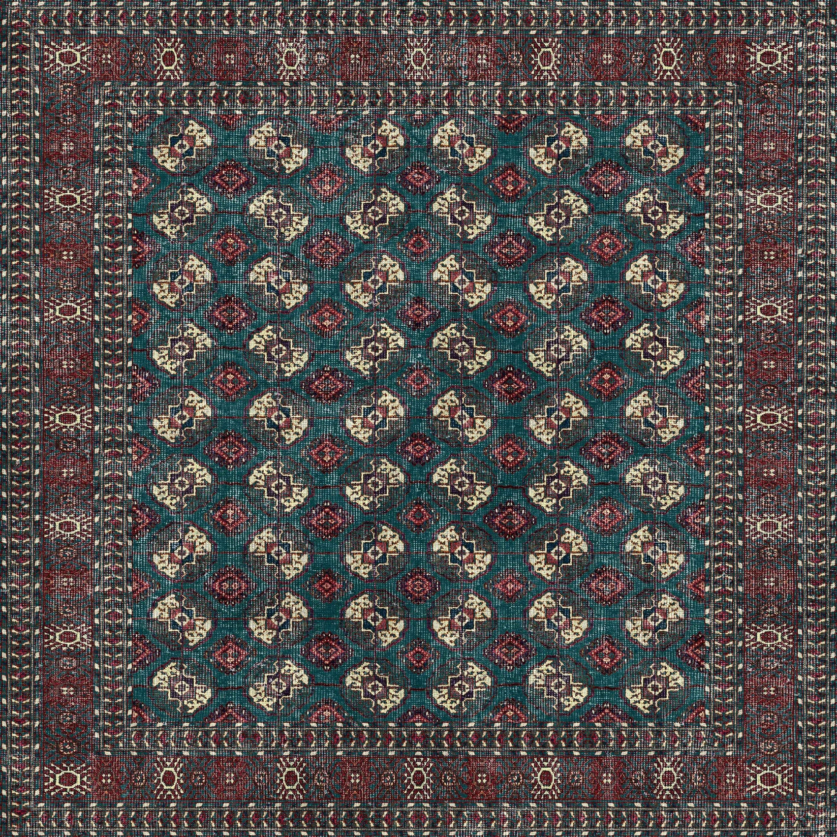 Patterned rug with geometric design in blue, red, and beige colors.