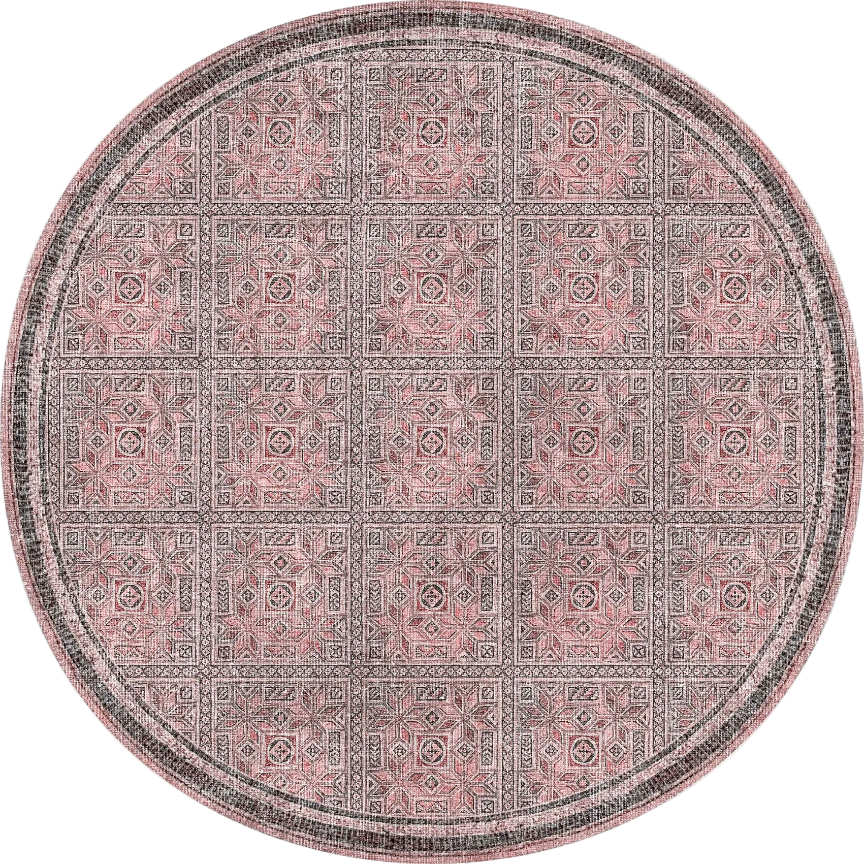 Round rug with a geometric pattern in pink and gray