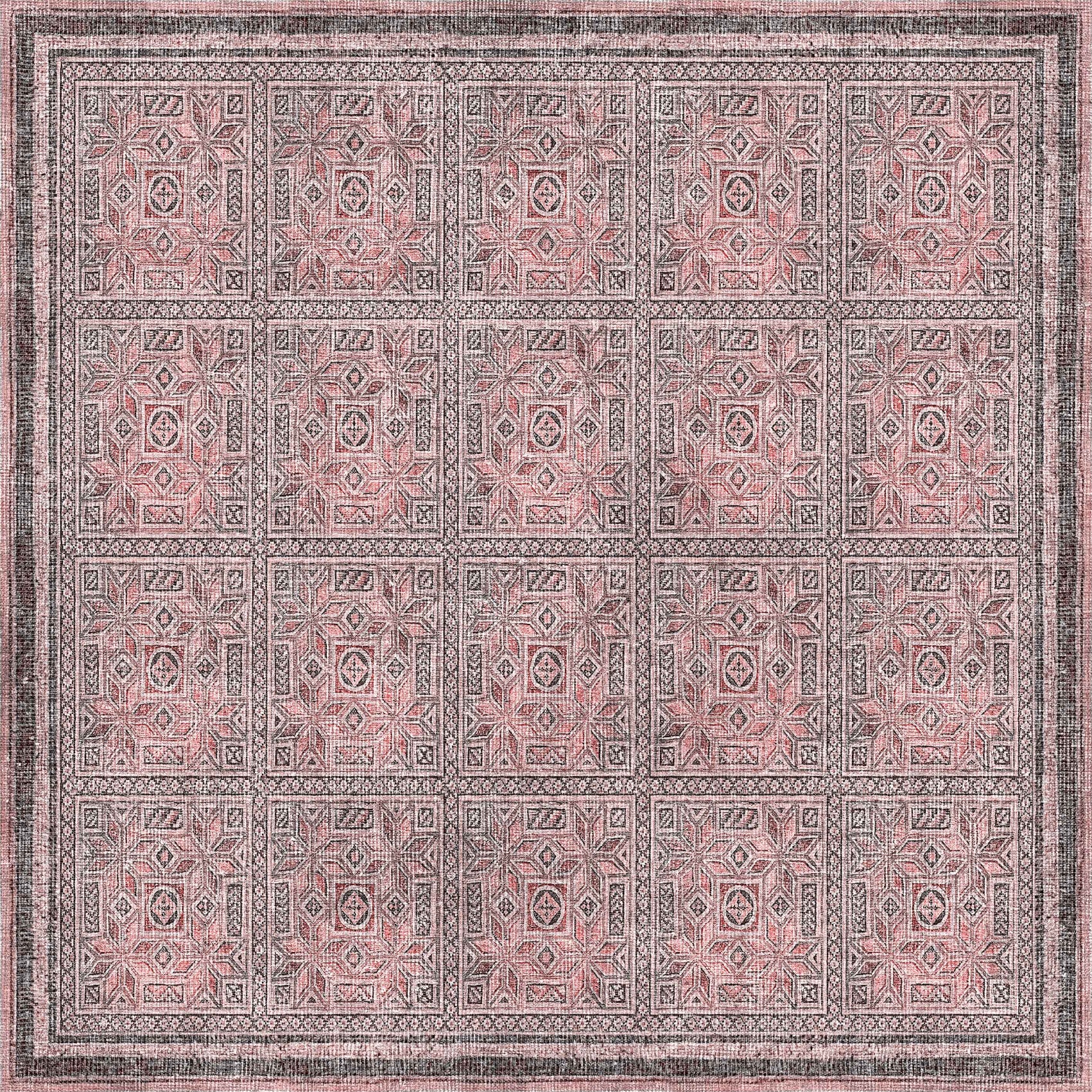 Patterned rug with geometric design in pink and gray tones