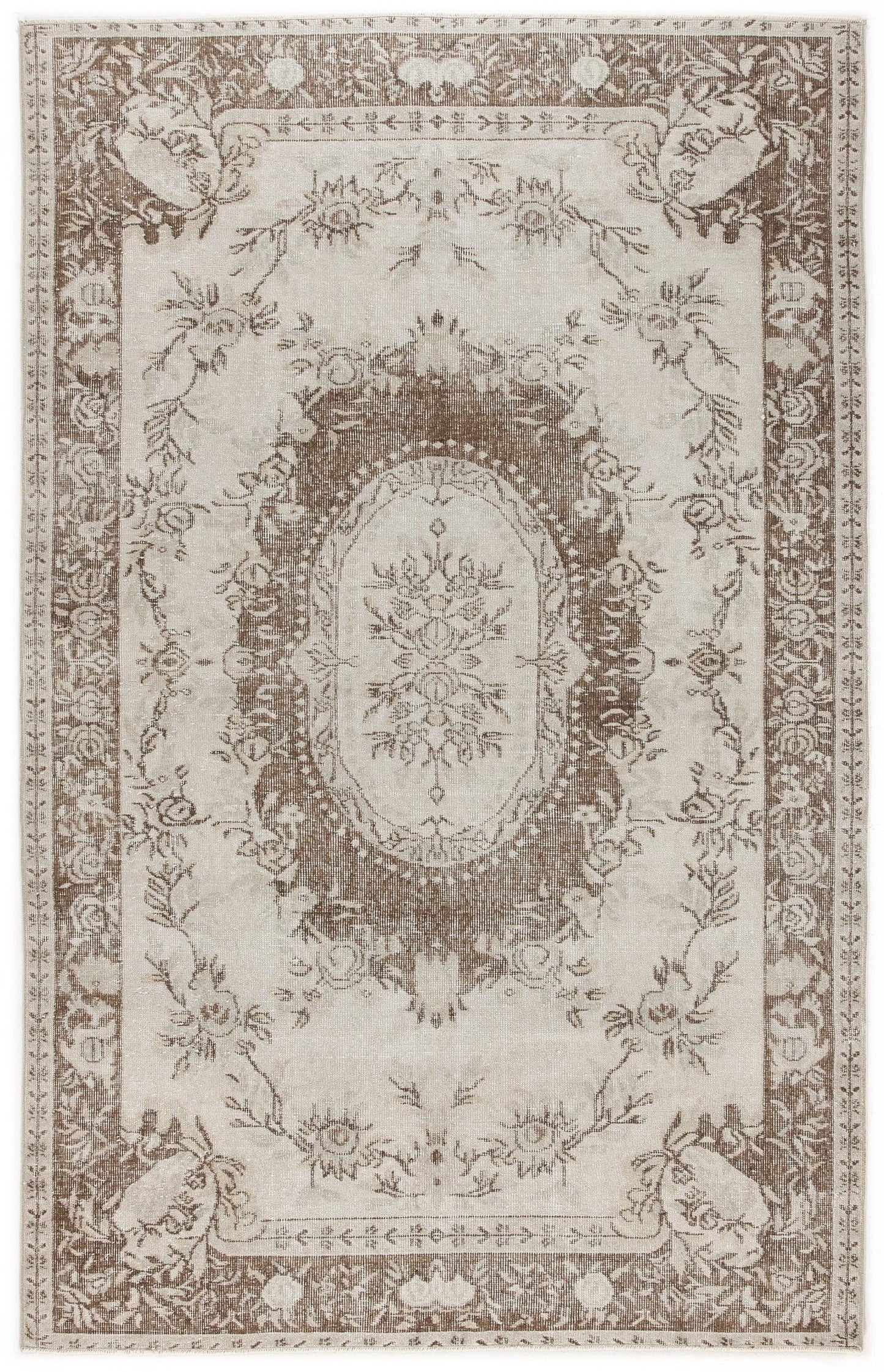 Beige and brown traditional rug with a central floral medallion and ornate botanical border.