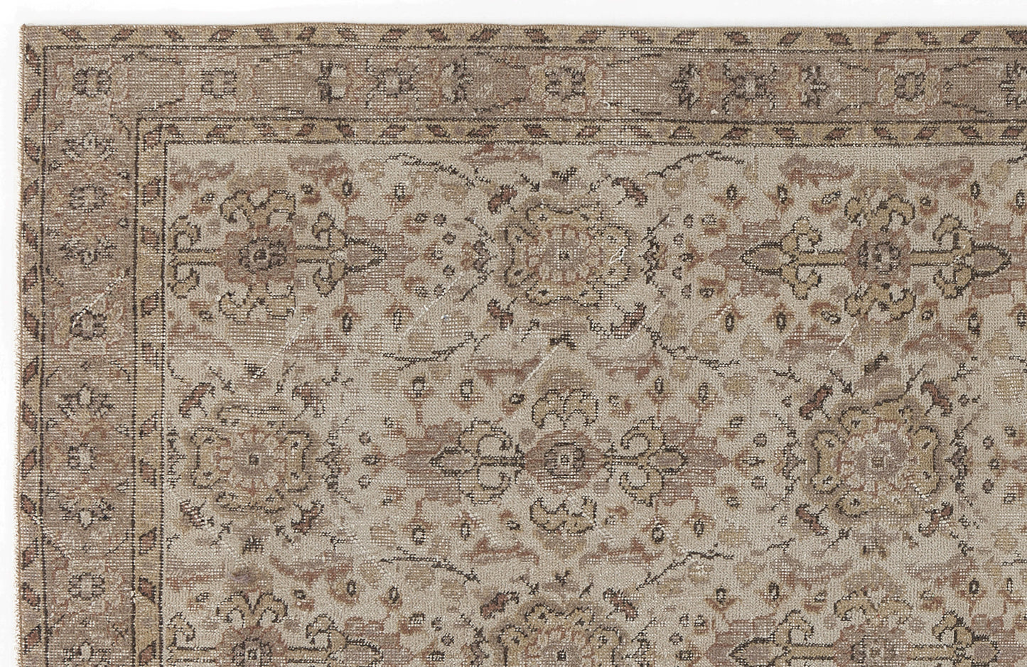 Beige and taupe traditional rug with a distressed floral medallion pattern and a decorative border.
