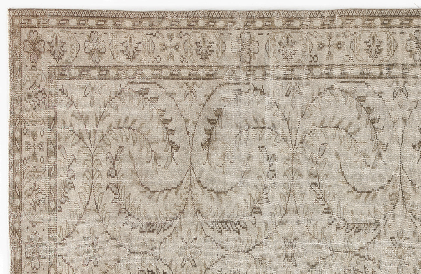 Beige and taupe rug with a distressed traditional floral vine pattern and a decorative border.
