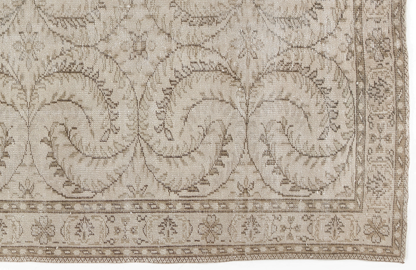 Beige and taupe rug with a repeating vine and floral medallion pattern and a decorative border.