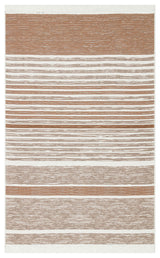 The Calm Thread - Washable Double-Sided Kilims - AR27 features horizontal beige and brown stripes in varying thicknesses and textures. Made from recycled cotton, it’s finished with white fringed edges for extra charm.