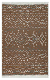 The Sand Horizon - Washable Double-Sided Kilims - AR05 is a rectangular recycled cotton rug with a brown base, displaying white and blue geometric patterns, diamonds, zigzags, dots, and short fringes on the shorter edges.