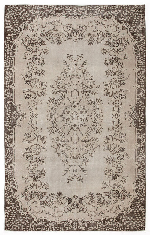 Load image 1 in gallery view. Taupe and dark brown vintage-style rug with a central floral medallion and ornate botanical border.