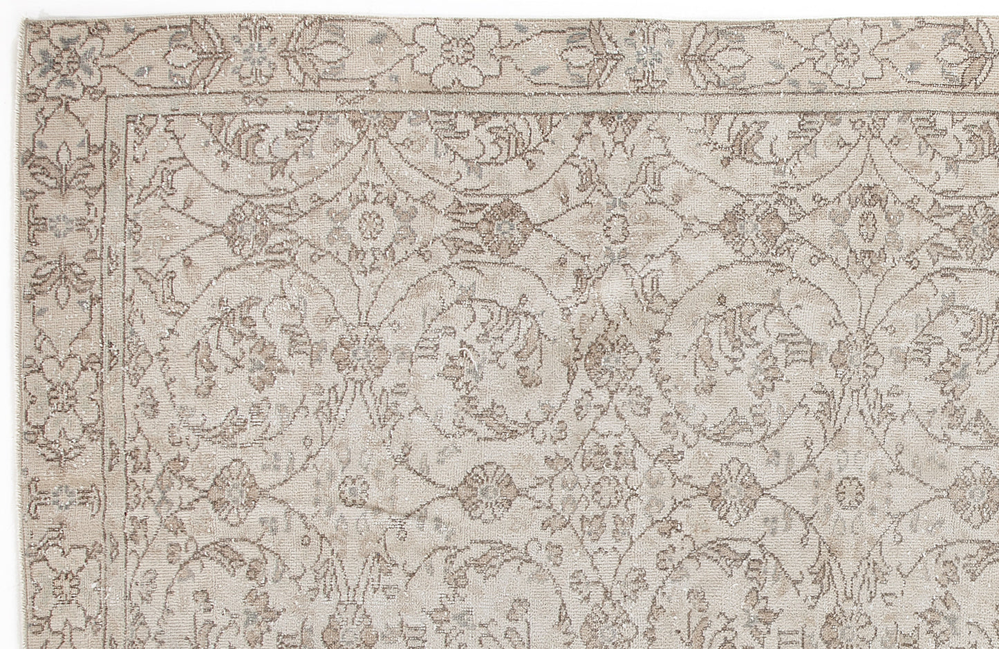Beige and taupe traditional rug with a distressed floral medallion pattern and a decorative border.