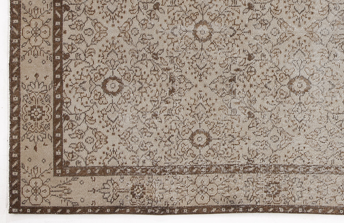 Beige and brown traditional rug with a distressed floral medallion pattern and a geometric border.