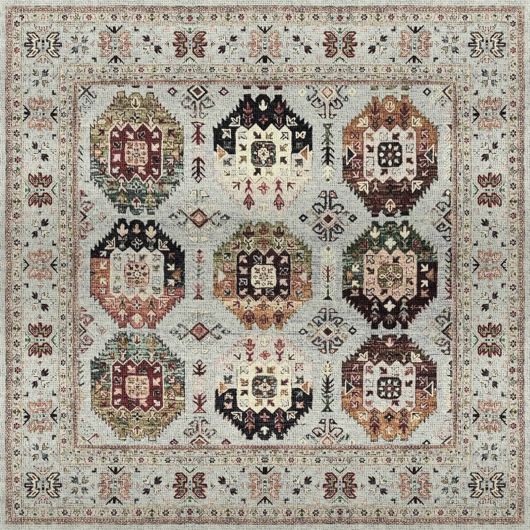 Decorative rug with intricate geometric pattern with a beige background