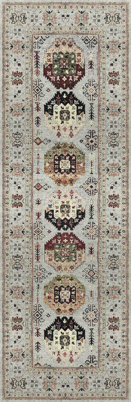 Decorative runner rug with geometric pattern on a neutral background