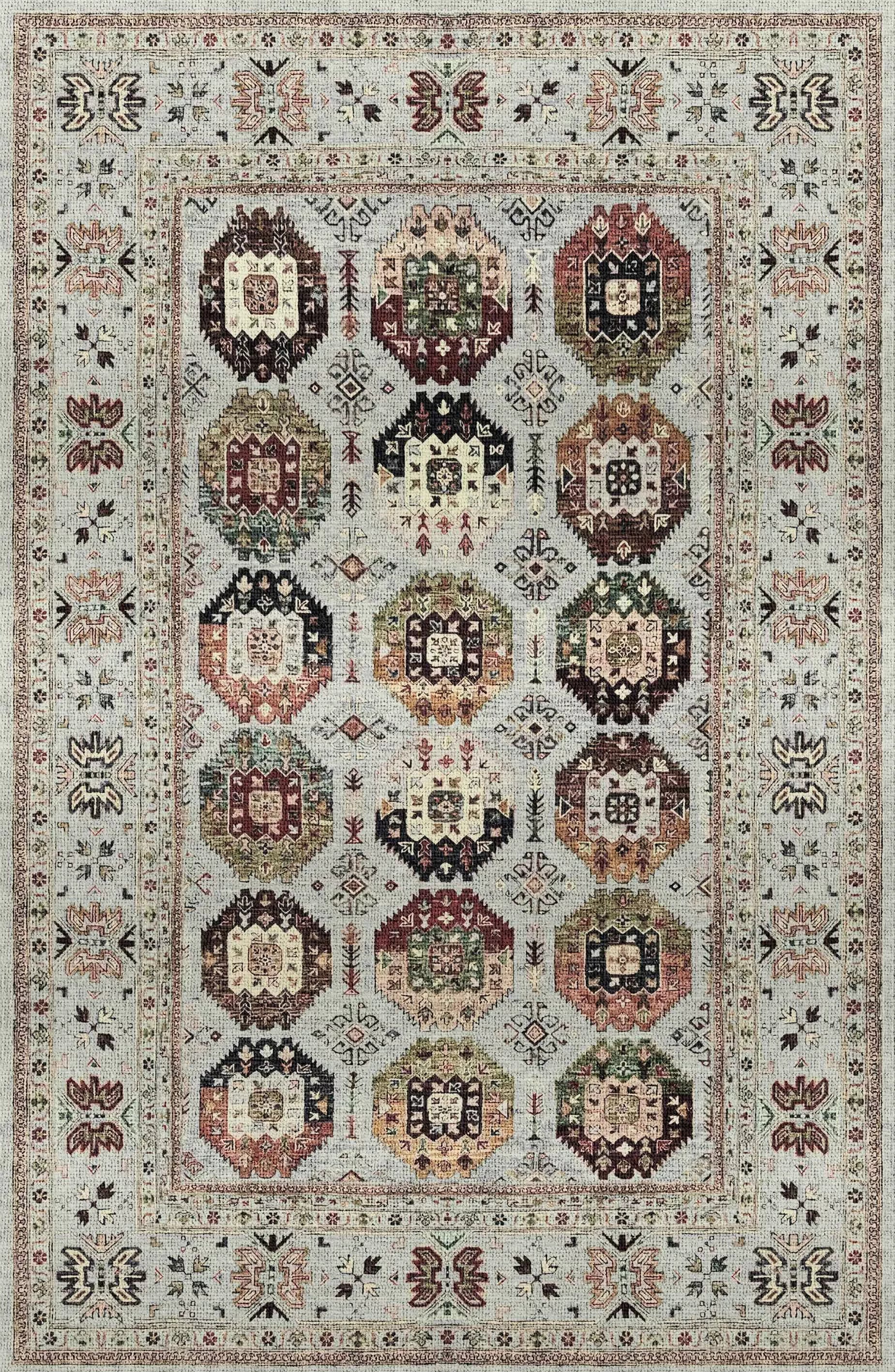 Decorative rug with intricate patterns and colors on a beige background
