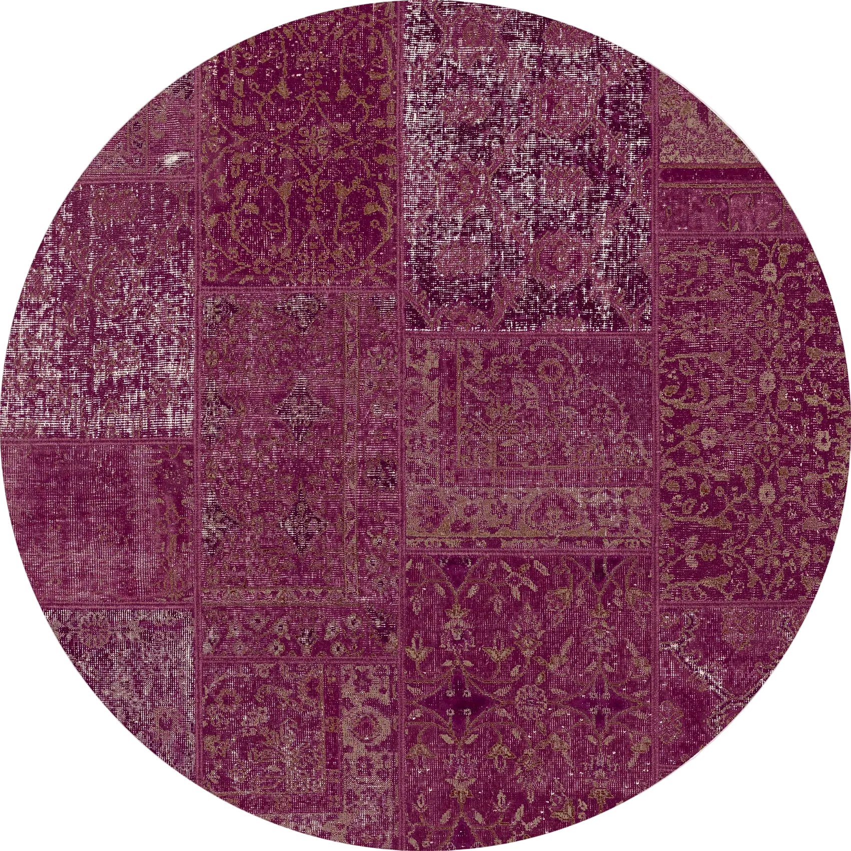 Round purple patchwork rug with intricate patterns