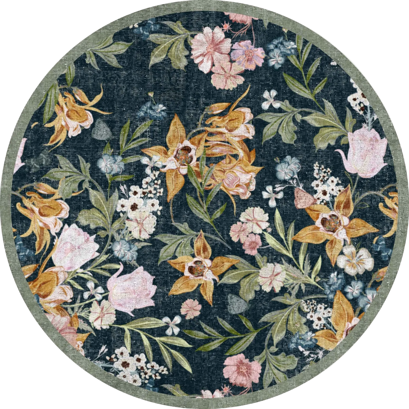 Round floral rug with a dark blue background and colorful flowers.