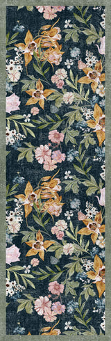 Floral patterned runner rug with colorful flowers on a dark blue background