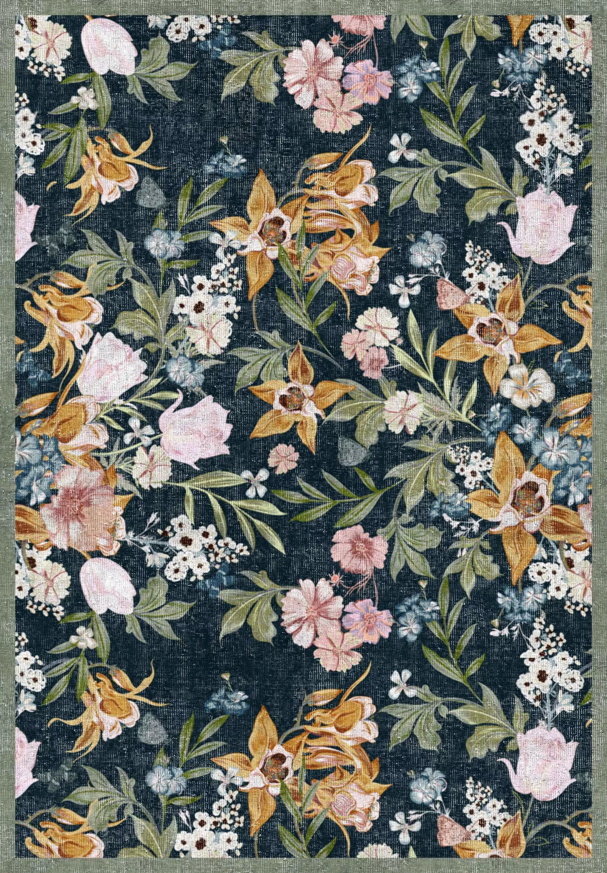 Floral patterned rug with various flowers on a dark blue background