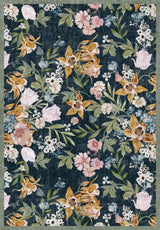 Floral patterned rug with various flowers on a dark blue background