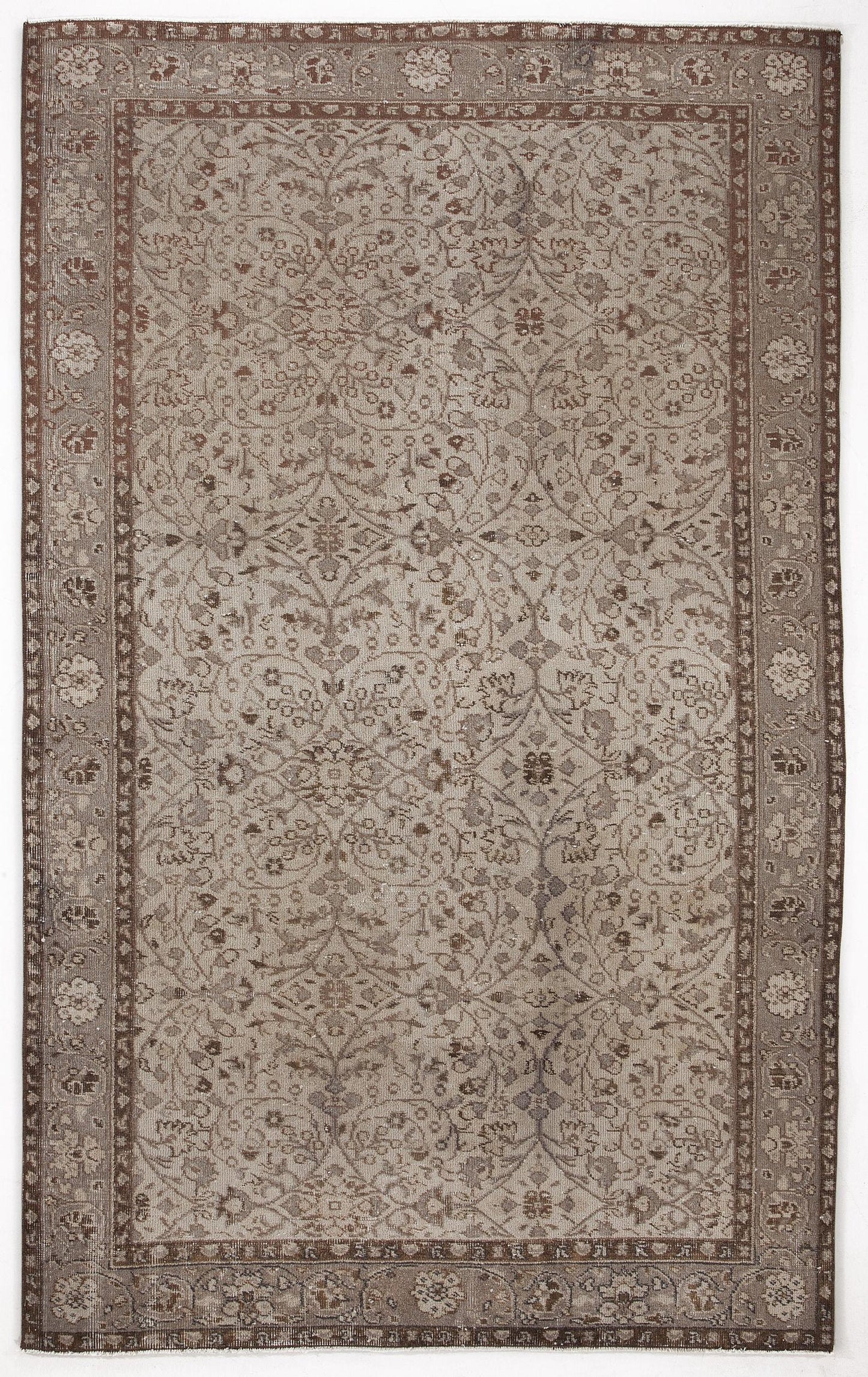 Taupe and brown traditional rug with a distressed floral vine pattern and a decorative border.