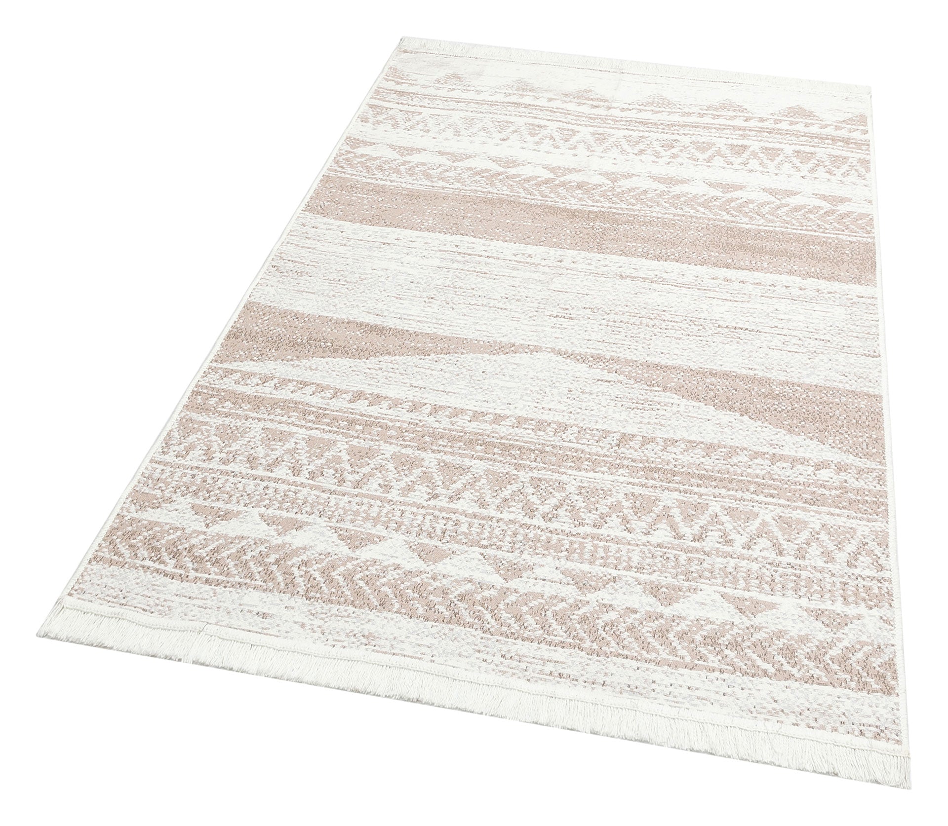 The Earth Lines - Washable Double-Sided Kilims - AR06 is a rectangular recycled cotton rug in beige and white with geometric patterns, zigzags, triangles, diamonds, and short fringe—an eco-friendly, allergy-friendly stylish choice.