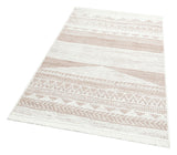 The Earth Lines - Washable Double-Sided Kilims - AR06 is a rectangular recycled cotton rug in beige and white with geometric patterns, zigzags, triangles, diamonds, and short fringe—an eco-friendly, allergy-friendly stylish choice.