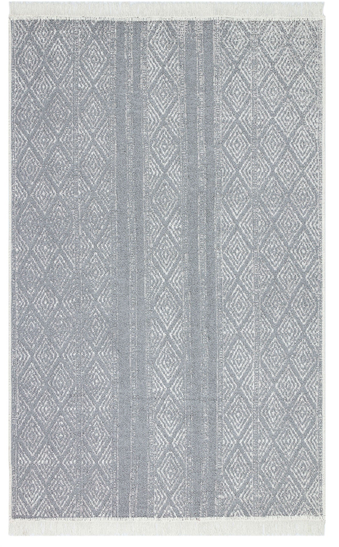 The Modern Mist - Washable Double-Sided Kilims - AR01 is a contemporary machine-made rug with a light gray and white geometric diamond pattern, subtle vertical stripes, and short white fringe on the top and bottom edges for a stylish touch.