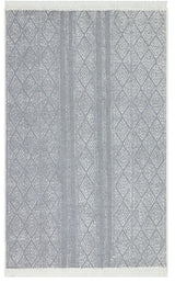 The Modern Mist - Washable Double-Sided Kilims - AR01 is a contemporary machine-made rug with a light gray and white geometric diamond pattern, subtle vertical stripes, and short white fringe on the top and bottom edges for a stylish touch.