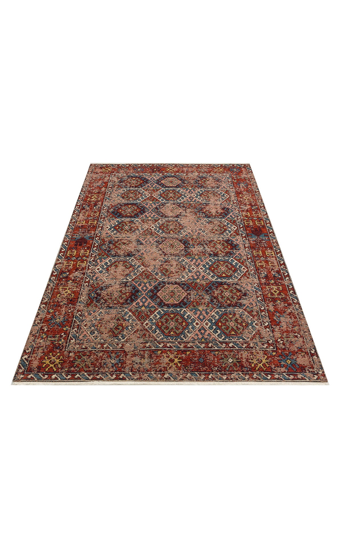 Nomad Spirit - Washable Kilims - AND03 is a rectangular flatwoven rug with intricate geometric and floral patterns in red, blue, and beige. It features a prominent border and a soft, slightly worn tribal-ethnic look