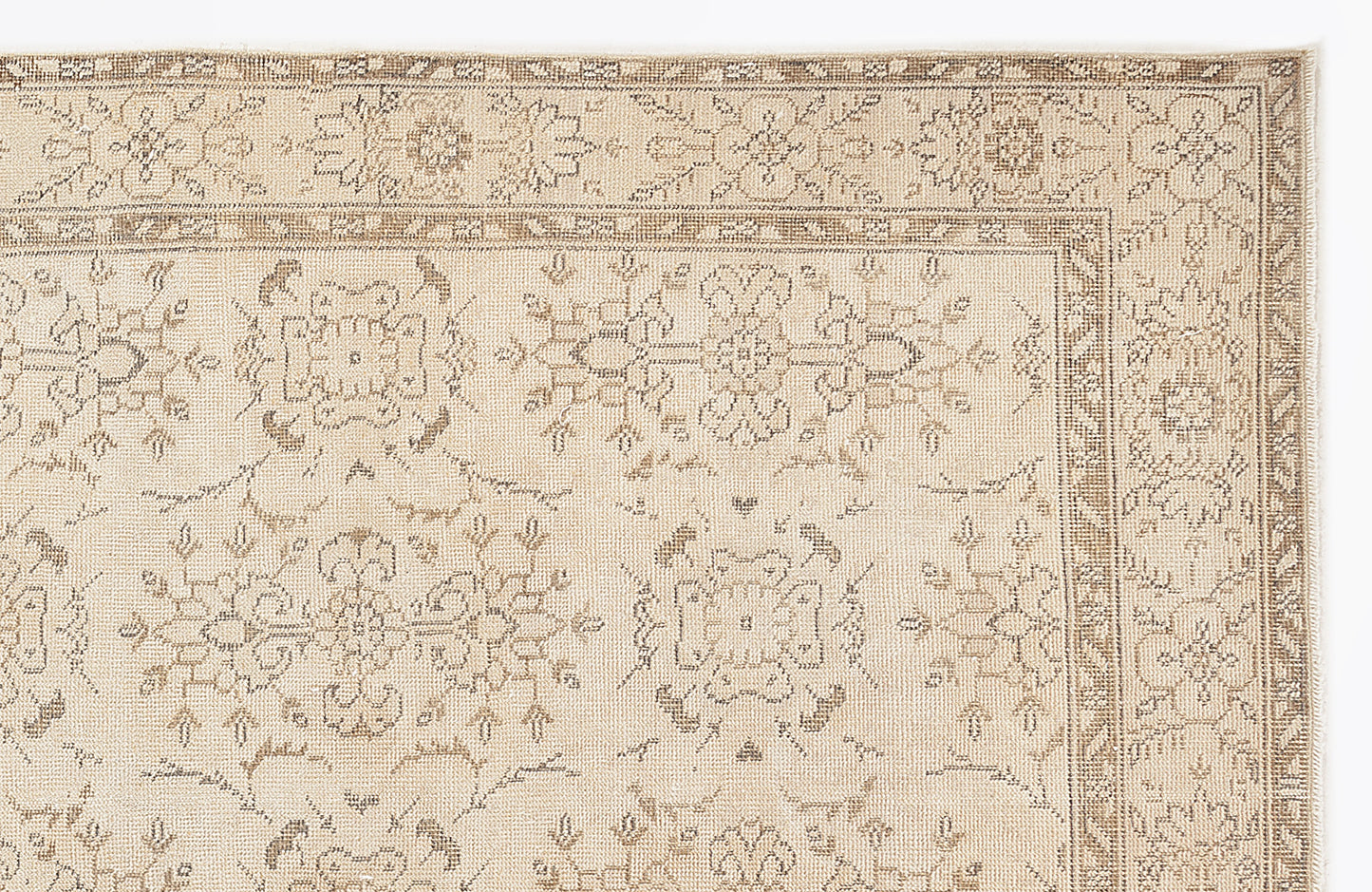 Beige and taupe traditional rug with a distressed floral medallion pattern and a detailed geometric border.