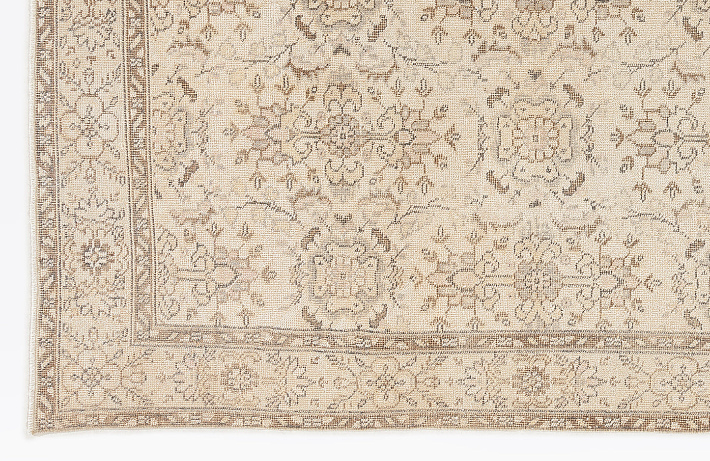 Beige and taupe traditional rug with a distressed floral medallion pattern and a detailed border.