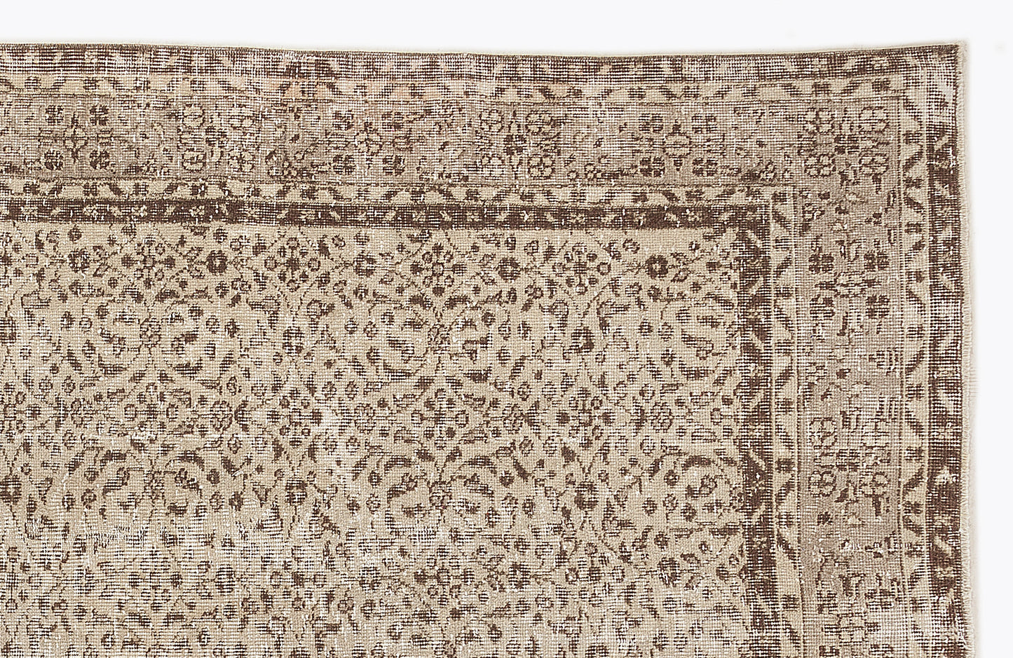 Beige and brown distressed rug with a traditional floral pattern and a geometric border.