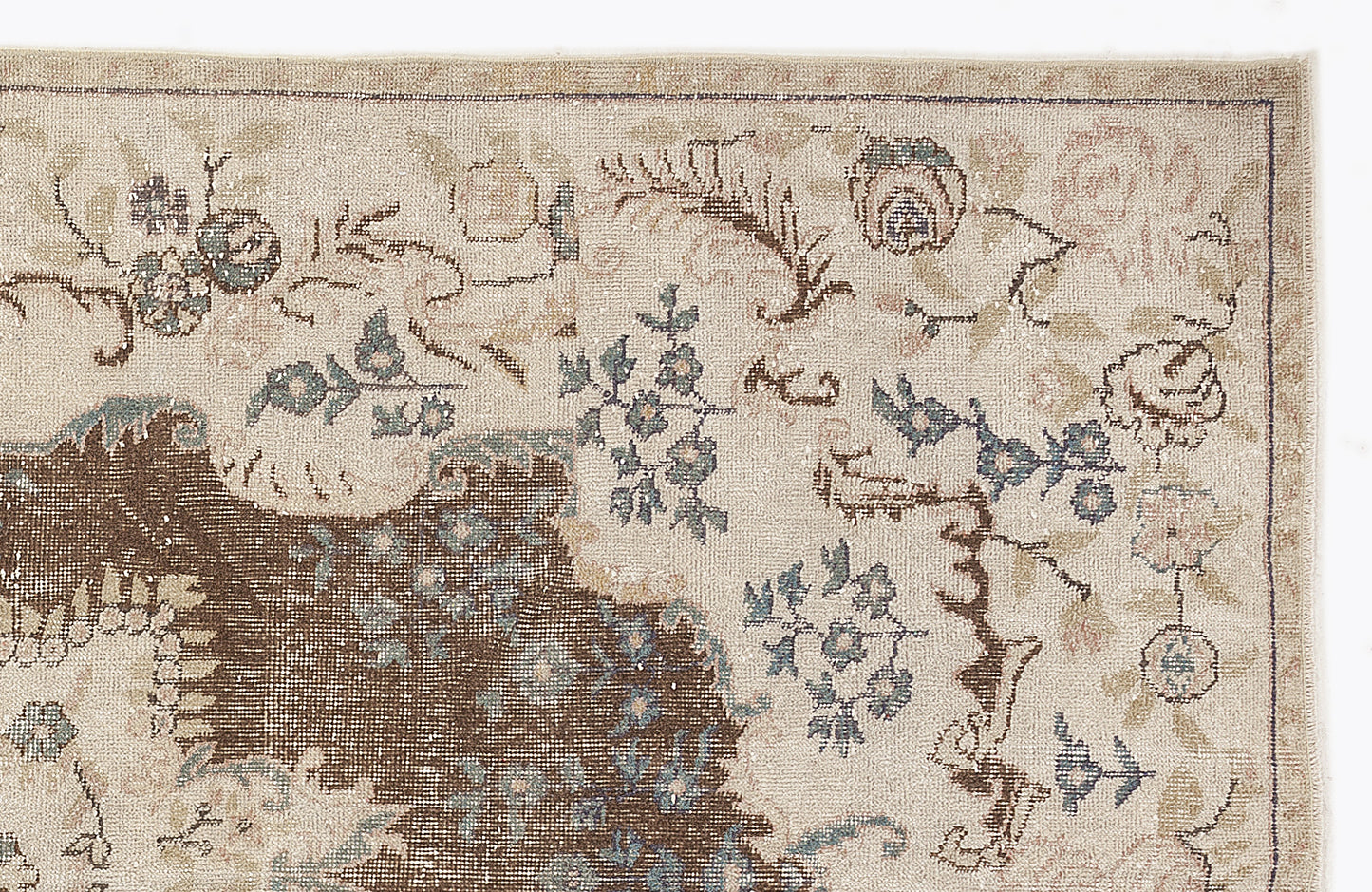 Beige rug with a brown central medallion and muted blue and tan floral vine motifs on a white background.