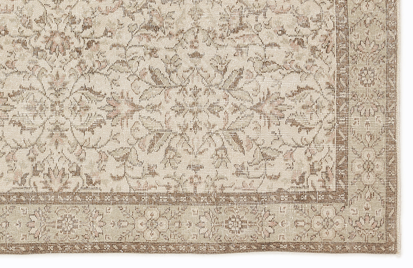 Beige and taupe traditional rug with a distressed floral medallion pattern and a detailed border.