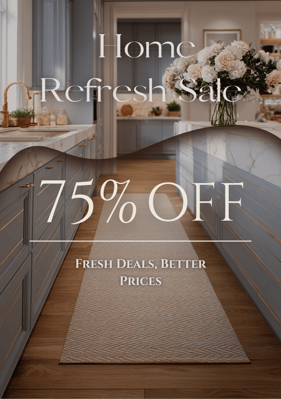 Modern kitchen with 'Home Refresh Sale 75% Off' text overlay