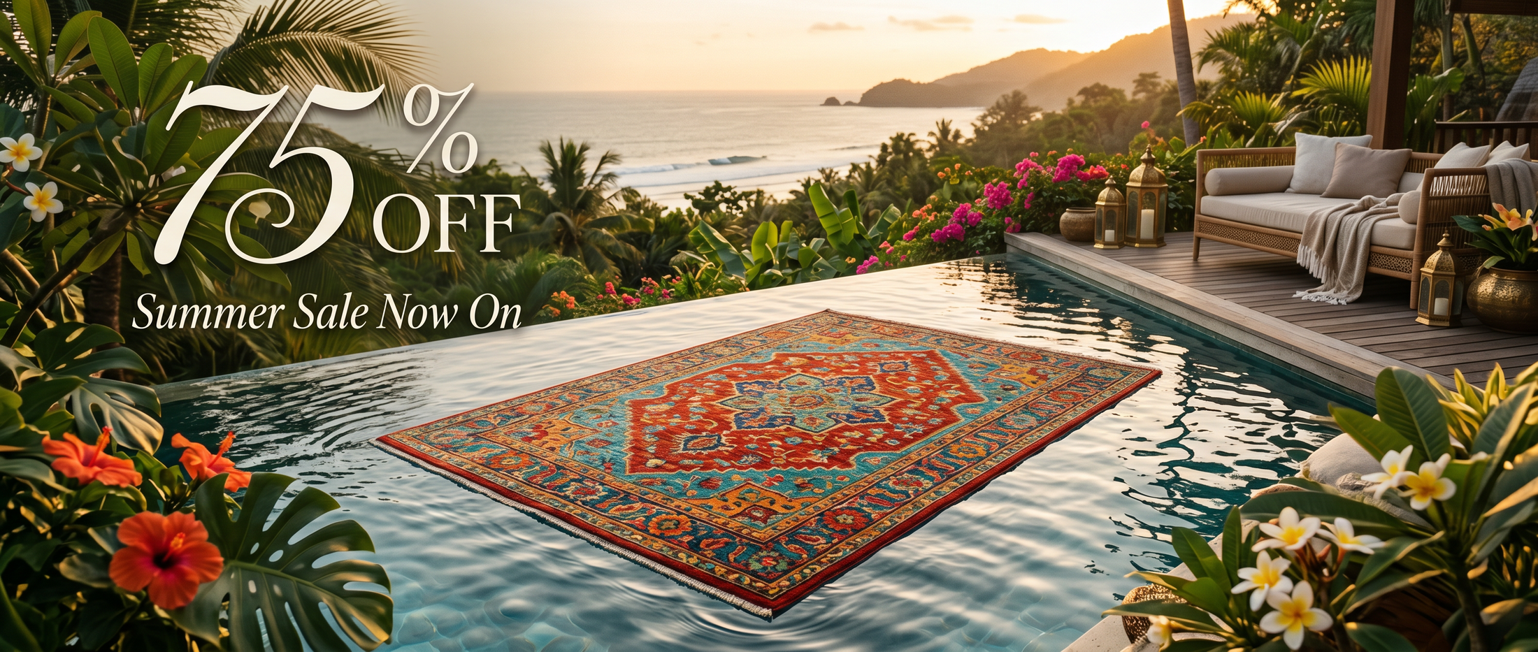 Colorful rug on a pool with a scenic view, promotional text for a 75% off summer sale.
