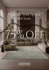 Living room with a rug and furniture, promotional text overlay for 75% off.