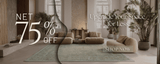 Living room with furniture and decor, promotional text overlay for a 75% sale.