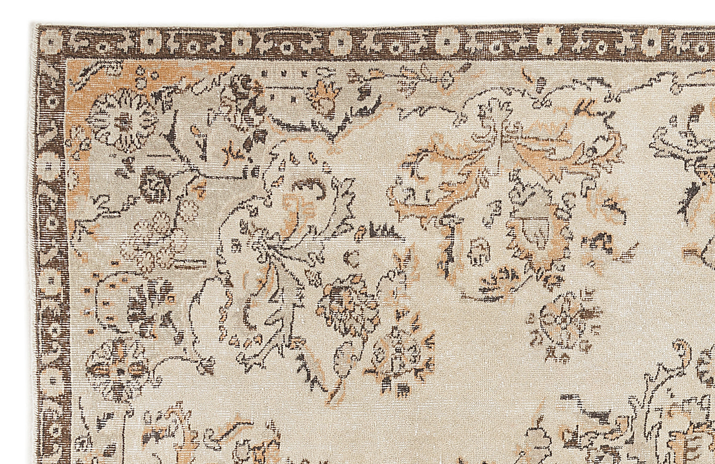 Beige rug with a dark brown and tan distressed floral pattern and a decorative border.