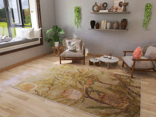 Load image 1 in gallery view. A cozy living room with wooden floor, armchairs, a plant, and a window seat with cushions. The Dreamweaver's Loom Washable Rug (JRS001) covers the floor—perfect for high-traffic areas—while shelves with pottery and hanging plants decorate the walls.