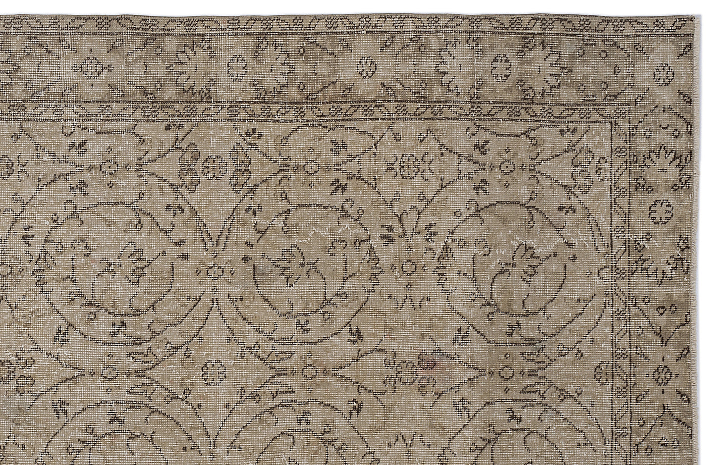 Taupe and brown vintage-style rug with a distressed floral medallion pattern and a decorative border.