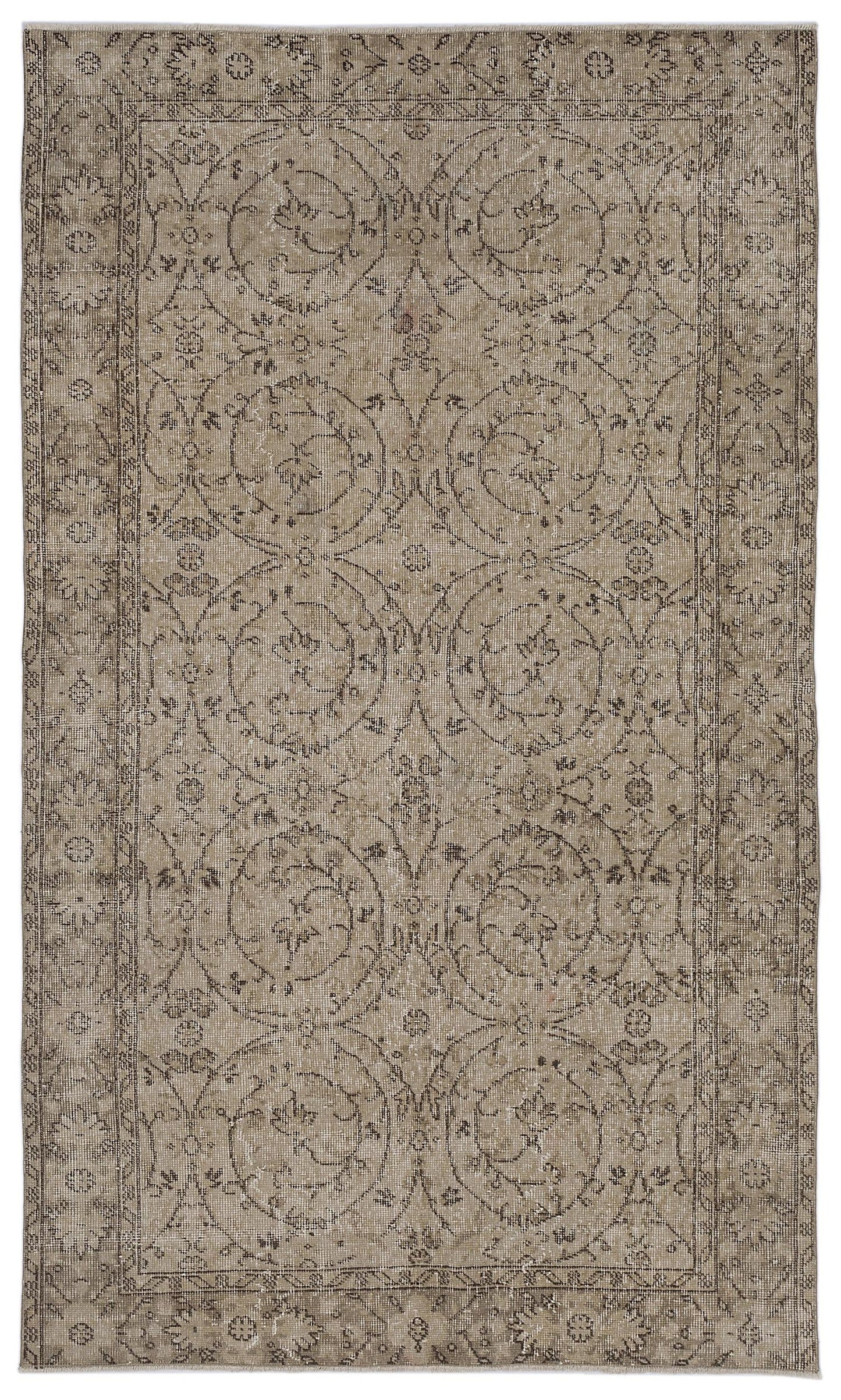 Taupe and charcoal distressed rug with a traditional circular floral medallion pattern and a decorative border.