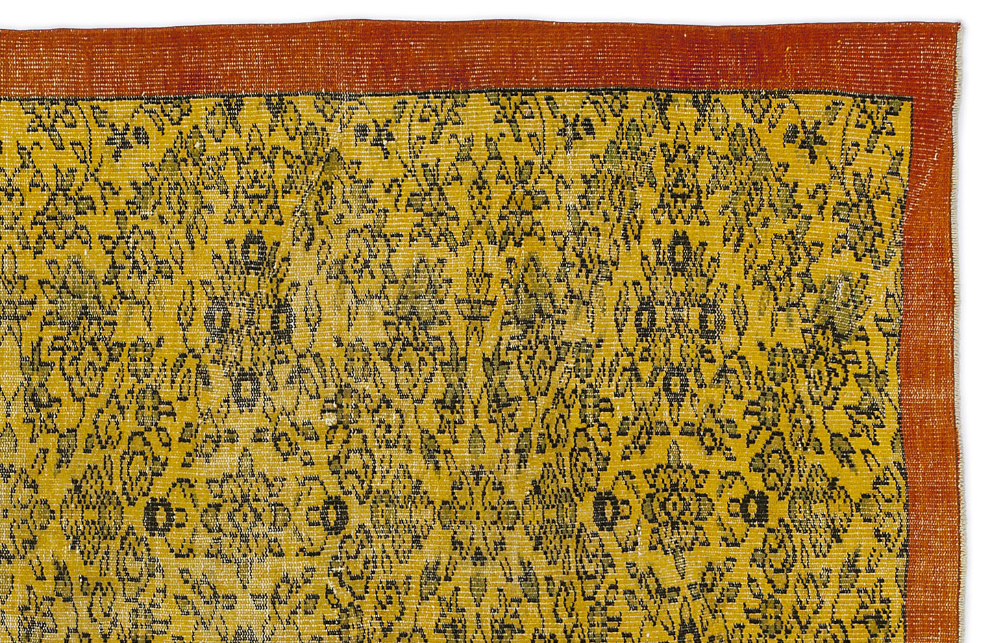 Mustard yellow rug with a black floral medallion pattern and a wide terracotta border on a white background.