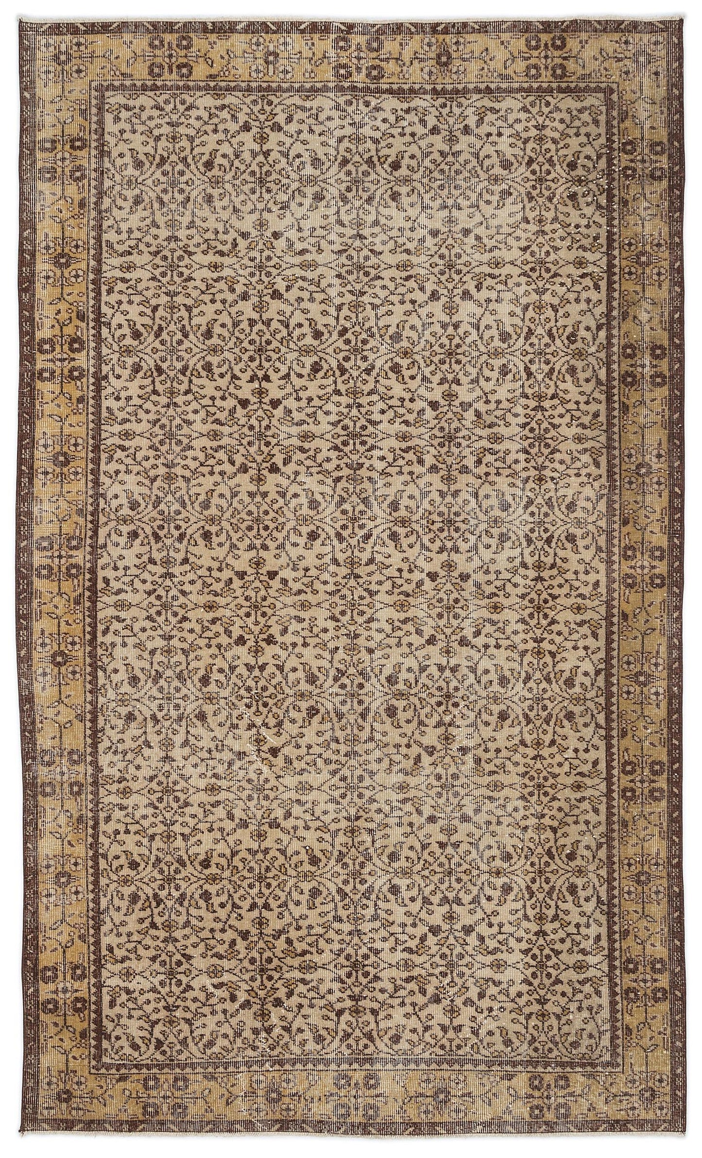 Distressed beige and brown vintage-style rug with an intricate floral vine pattern and a decorative border.