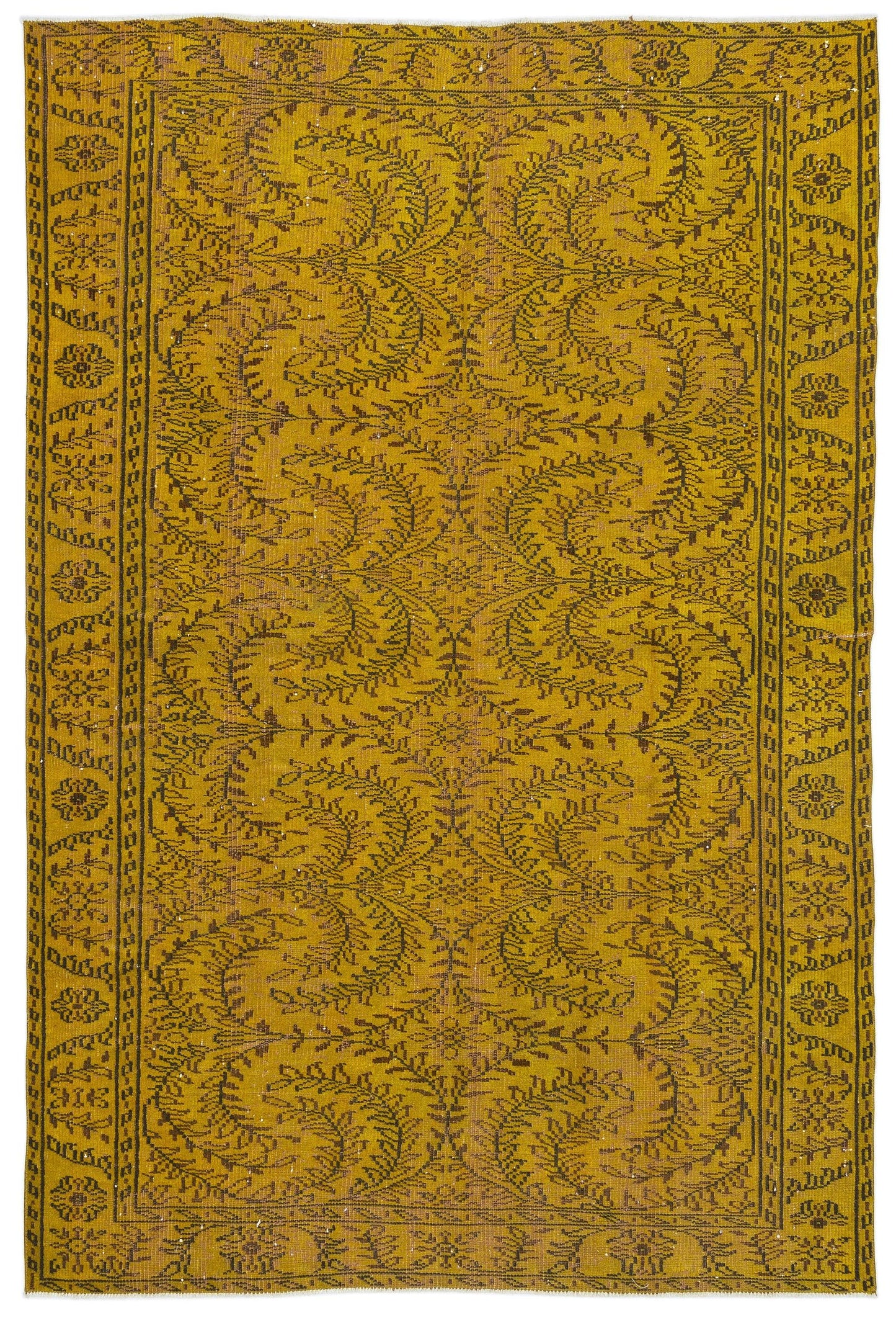 Mustard yellow rug with a dark brown botanical vine pattern and a geometric floral border.