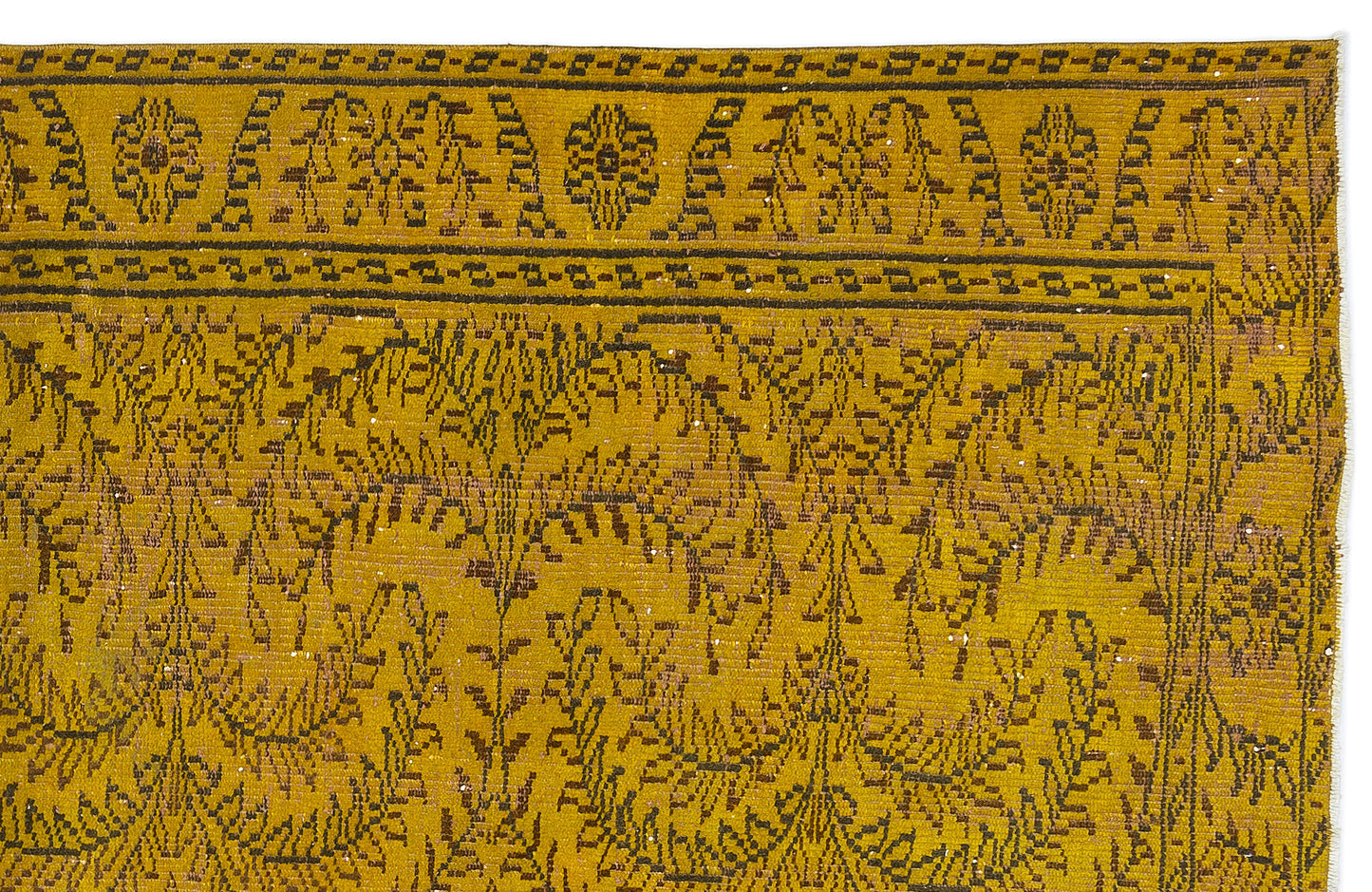 Mustard yellow rug with dark brown floral and geometric border patterns on a white background.