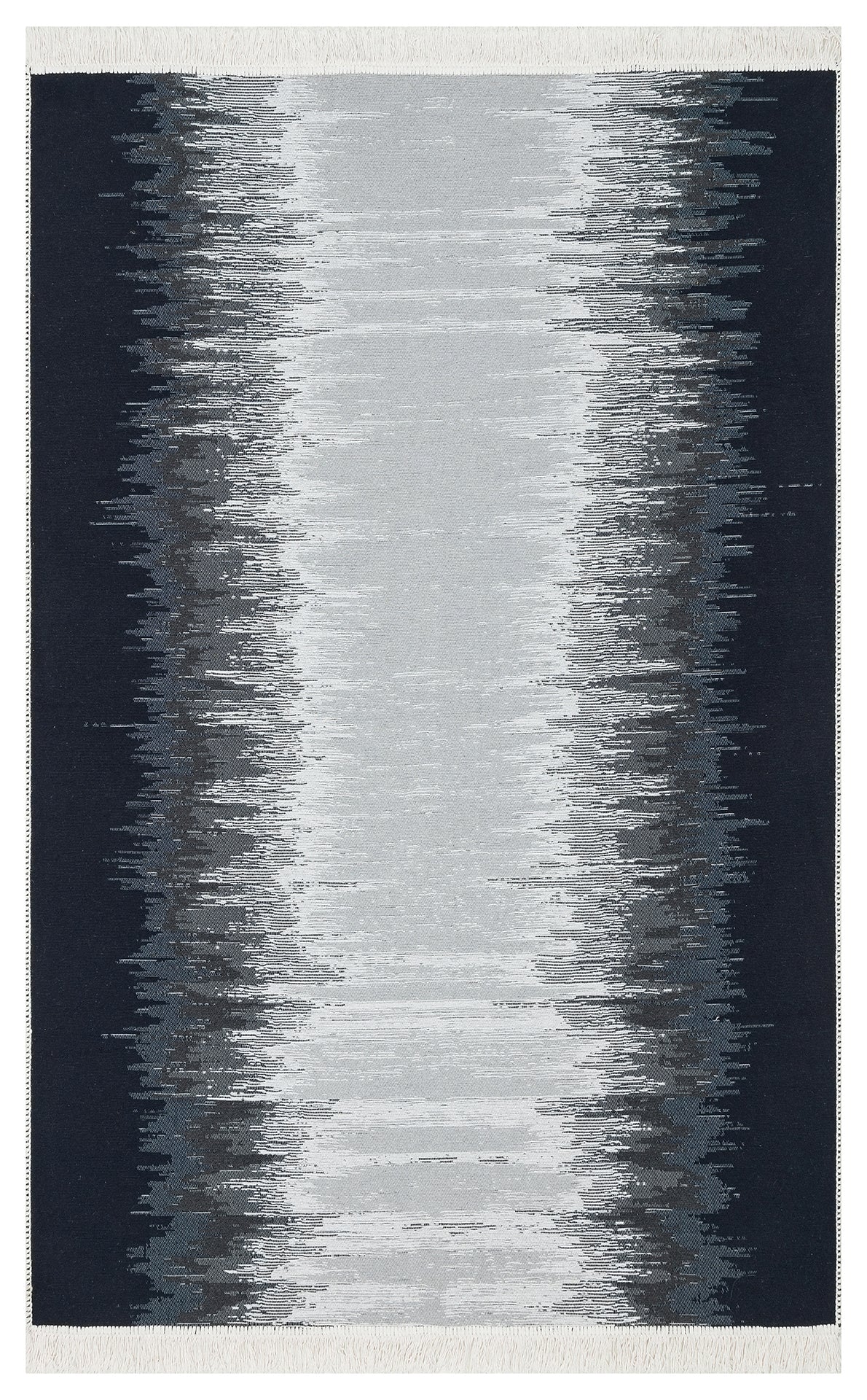 The Charcoal Frame - Washable Double-Sided Kilims - AR40 is a square black and white rug with a gradient jagged line pattern, mirrored from edges to center. Made from recycled cotton for stylish, sustainable decor.