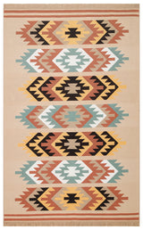 The Artisan Mesh - Washable Double-Sided Kilims - AR39 is a rectangular, multicolour rug with a beige background, black, yellow, rust, green and white geometric pattern inspired by Southwestern design, finished with short fringes on both ends.