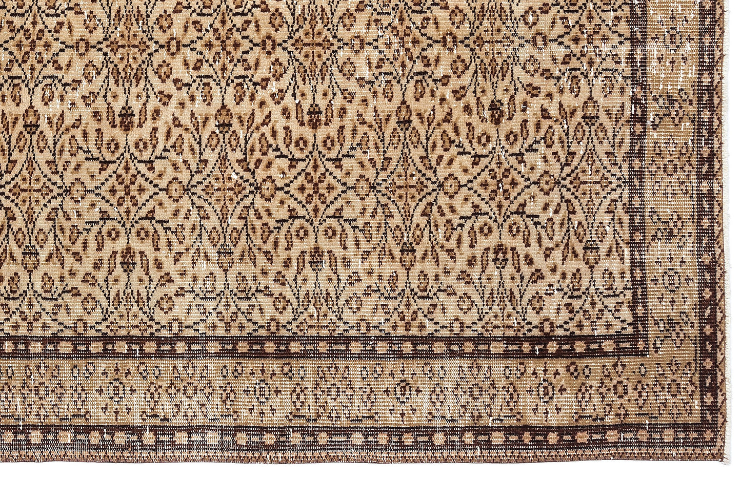 Tan and dark brown traditional rug with a distressed floral lattice pattern and a geometric border.