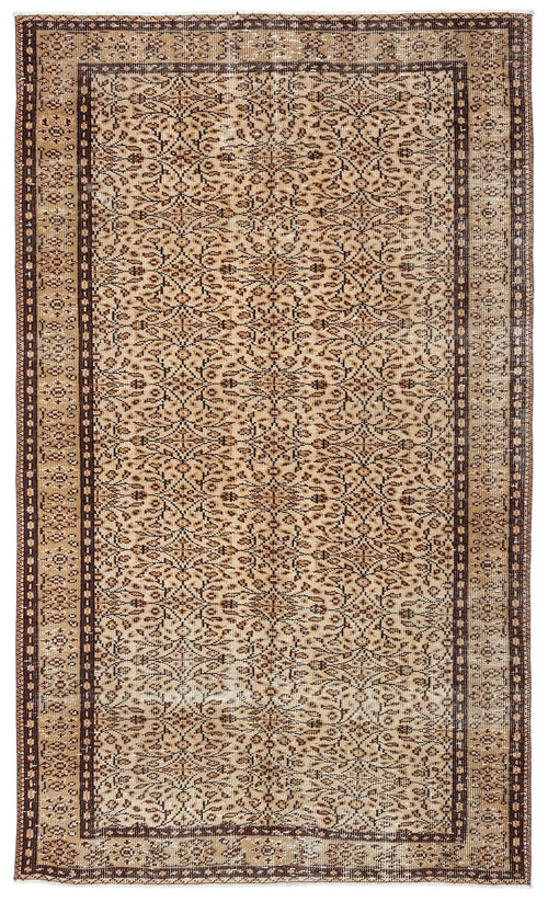 Load image 1 in gallery view. Tan and dark brown vintage-style rug with an all-over floral vine pattern and a geometric border.