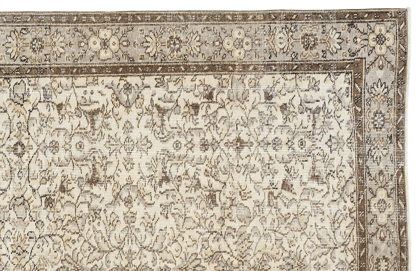 Beige and brown traditional rug with a distressed floral medallion pattern and a detailed border.