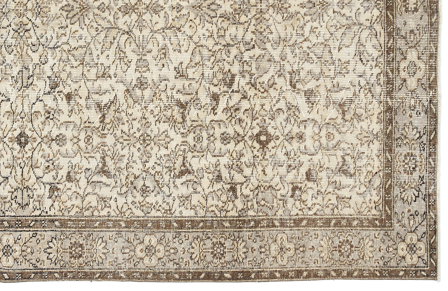 Beige and brown traditional rug with a distressed floral medallion pattern and a detailed border.